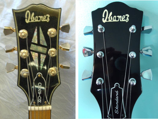An image of pre-lawsuit Ibanez (left) and post-lawsuit Ibanez. Notice the 'open book' Gibson ripoff, vs the second design.-japanese-lawsuit-guitars